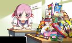  classroom desk game_cg hiide pink_hair saliva school_desk school_uniform serafuku snack solo yotsunoha yuzuki_iori 