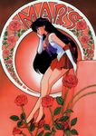  90s art_nouveau back_bow bare_legs bishoujo_senshi_sailor_moon black_hair bow choker earrings elbow_gloves flower from_side full_body gloves high_heels highres hino_rei jewelry legs long_hair magical_girl official_art purple_bow red red_background red_flower red_rose red_sailor_collar red_skirt rose sailor_collar sailor_mars sailor_senshi_uniform shoes skirt solo standing tadano_kazuko tiara very_long_hair white_gloves 