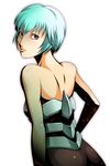  ayanami_rei back bare_shoulders blue_hair don_michael looking_back neon_genesis_evangelion red_eyes short_hair solo 