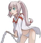  aqua_eyes caryo flat_chest japanese_clothes katsuragi_mikan leaning_forward long_hair lowres midori_boushi midriff navel no_pants open_mouth panties pink_hair rental_magica solo twintails underwear wand white_panties 