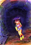  arms_behind_back bag camisole child copyright_request highres hoshino_fuuta panties purple_hair shirt_lift shoes smile socks solo tank_top tunnel twintails unbuttoned underwear 