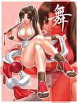  breasts cleavage crossed_legs fan fatal_fury feet full_body high_ponytail holding holding_fan huge_breasts kengou large_breasts long_hair outline ponytail shiranui_mai sitting snk solo the_king_of_fighters zoom_layer 