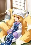  animal_ears blonde_hair fox_tail hat indoors kazami_karasu long_sleeves mimikaki multiple_tails pillow_hat seiza sitting solo tabard tail touhou wide_sleeves yakumo_ran yellow_eyes 