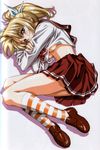  blonde_hair blue_eyes bow breasts hair_bow highres kneehighs lying medium_breasts miyauchi_lemmy on_side scan school_uniform serafuku solo striped striped_legwear to_heart underboob urushihara_satoshi 