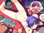  blue_eyes blue_hair bra bun_cover double_bun himeyuri_ruri himeyuri_sango legs lying multiple_girls nakamura_takeshi panties reading spread_legs striped striped_panties to_heart_2 translated underwear underwear_only 