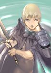  armor blonde_hair blue_eyes bottomless cape claymore claymore_(sword) don_michael jean lake short_hair solo sword weapon 