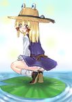  blonde_hair hat homura_subaru lily_pad moriya_suwako no_panties solo squatting touhou water 