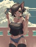  animal_ears artist_request breasts brown_hair cat_ears choker cleavage cloud copyright_request curvy day denim denim_shorts huge_breasts jpeg_artifacts midriff short_hair short_shorts shorts solo thighhighs toothbrush wide_hips 