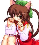  animal_ears blush brown_eyes brown_hair cat_ears cat_tail chen earrings eating food hat jewelry legs_together multiple_tails short_hair solo tail tilm touhou 