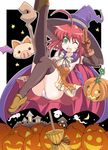  alice_wishheart black_legwear bow broom broom_riding detached_collar earrings halloween hat jack-o'-lantern jewelry leg_up magical_halloween naitou_kouse orange_skirt panties pantyshot pig pumpkin ribbon skirt solo star star_earrings thighhighs underwear v white_panties witch witch_hat 