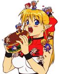  6+girls cheerleader chia_hagemasky eating food hamburger kengou multiple_boys multiple_girls original pointy_ears 