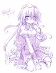  blush dress gotou_nao long_hair looking_at_viewer monochrome original puffy_short_sleeves puffy_sleeves purple short_sleeves simple_background solo very_long_hair wavy_hair white_background 