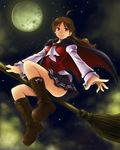  ahoge boots broom broom_riding brown_hair cape full_moon moon night original red_eyes skirt solo toshi 