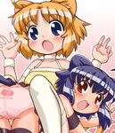  2girls :d :o akimoto_akio animal_ears back-print_panties bangs blue_eyes blue_hair blush breasts brown_eyes cat_ears cat_girl cat_tail cleavage clothes_writing fang gradient gradient_background hands_up looking_at_viewer multiple_girls open_mouth orange_hair original outline panties parted_bangs pink_background pink_panties print_panties shiny shiny_hair short_hair simple_background smile surprised surprised_arms tail thighhighs underwear white_outline 