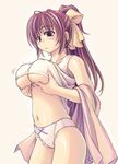  95-tan bare_shoulders blush breasts brown_eyes brown_hair cowboy_shot grabbing hair_ribbon large_breasts long_hair looking_down navel os-tan panties ponytail purple_eyes purple_hair ribbon shirt_lift solo sweatdrop tank_top underboob underwear xration 