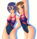  arm_grab armpits arms_up ass ass_grab back bangs blue_eyes blue_hair blush brown_eyes brown_hair clothes_writing competition_swimsuit grin groin highleg highleg_swimsuit ishii_akira kenkou_zenrakei_suieibu_umishou kise_sanae leaning_forward looking_at_viewer multiple_girls naughty_face navel one-piece_swimsuit orizuka_momoko self_fondle shiny shiny_clothes shiny_skin short_hair simple_background skin_tight smile standing swimsuit translated 