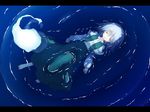  afloat barefoot closed_eyes from_above full_body ghost green_skirt hitodama kakoi_orihako konpaku_youmu konpaku_youmu_(ghost) long_skirt long_sleeves open_clothes open_vest partially_submerged shirt skirt sleeping solo touhou vest water white_shirt 