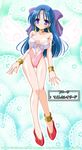  angel_leotard anklet ass_visible_through_thighs blue_eyes blue_hair bow bracelet breasts choker dragon_quest dragon_quest_v earrings flora half_updo jewelry leotard long_hair medium_breasts pink_bow pink_leotard ribbon solo thigh_gap translated white_leotard yamu_(reverse_noise) 