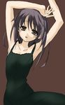  armpits arms_up black_dress brown_hair collarbone dress expressionless long_hair looking_at_viewer open_mouth original simple_background solo soubi 