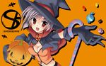  breasts brown_eyes candy candy_cane cleavage earrings food gloves halloween hat holding_pumpkin jack-o'-lantern jewelry medium_breasts miyabi_juri navel orange_background original pumpkin purple_hair short_hair smile solo witch_hat 