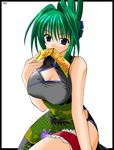  artist_request blue_eyes breasts china_dress chinese_clothes cleavage dress garters green_hair large_breasts mouth_hold ofuda shaman_king solo tao_jun 