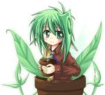  brown_jacket flower_pot green_eyes green_hair holding jacket leaf long_sleeves looking_at_viewer makino_(ukiuo) oekaki original plant plant_girl potted_plant simple_background solo white_background 