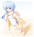  beach blue_eyes blue_hair braid flat_chest haruka_ni_aogi_uruwashi_no long_hair off_shoulder one-piece_swimsuit raincoat single_braid sketch solo swimsuit takatsuki_tonoko tomo_no_shippo 