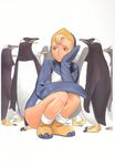  animal animal_costume bird blonde_hair boots border closed_mouth flock frown full_body hand_on_own_cheek head_rest highres looking_away looking_to_the_side looking_up murata_renji penguin penguin_costume solo squatting white_background white_border yellow_footwear 