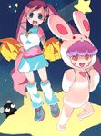  :d akai_maho animal_costume blue_eyes bunny_costume doki_doki_majo_shinpan full_body gem jewelry leg_warmers long_hair multiple_girls necklace open_mouth pendant pink_hair purple_hair red_eyes sasaki_toshiyuki short_hair skirt smile star very_long_hair watabiki_merry white_skirt 