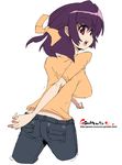  bad_anatomy breasts hair_ribbon large_breasts looking_back oekaki onija_tarou original purple_hair red_eyes ribbon solo 