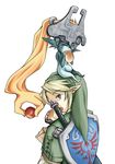  1girl apple artist_request blonde_hair bread earrings food fruit imp jewelry jpeg_artifacts link midna pointy_ears prehensile_hair shield sword the_legend_of_zelda the_legend_of_zelda:_twilight_princess weapon 