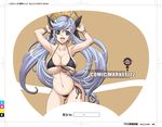  absurdres ahoge armpits arms_up bikini blue_eyes blue_hair breasts chiro_(youkai_tamanokoshi) cleavage copyright_request cover doujinshi front-tie_top hair_ornament hair_ribbon hairclip hat highres huge_breasts long_hair micro_bikini plump ribbon side-tie_bikini solo straw_hat string_bikini swimsuit twintails uchiwa_design underboob very_long_hair 