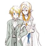 1girl artist_request blue_skin blush bouquet choker dress flower formal front_ponytail good_end height_difference link lowres midna midna_(true) orange_hair pointy_ears red_eyes spoilers suit the_legend_of_zelda the_legend_of_zelda:_twilight_princess wedding wedding_dress 