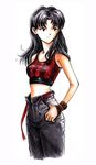  artist_request belt black_hair highres katsuragi_misato long_hair looking_to_the_side midriff neon_genesis_evangelion simple_background solo thumb_in_pocket white_background 