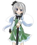  :d black_bow black_hairband black_neckwear blue_eyes bow bowtie dress ghost green_dress hairband hitodama katana konpaku_youmu konpaku_youmu_(ghost) long_sleeves miwa_maku open_mouth sheath sheathed short_hair silver_hair simple_background smile solo standing sword touhou weapon white_background 