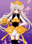  amou_mari animal_ears black_legwear bloomers breasts candy cat_ears cat_tail cleavage copyright_request detached_collar elbow_gloves food gloves halloween hand_on_hip jack-o'-lantern long_hair medium_breasts pumpkin purple_background purple_eyes smile solo tail thighhighs twintails underwear white_bloomers white_gloves white_hair 