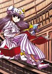  bangs book bow capelet cardigan double_bun dress frown hair_bow hat indoors library long_hair looking_at_viewer miyamoto_ryuuichi nightgown patchouli_knowledge purple_dress purple_eyes railing sitting socks solo striped touhou vertical_stripes very_long_hair voile 