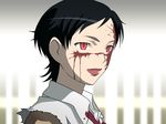  black_hair blood blood+ blood_on_face highres otonashi_saya red_eyes school_uniform short_hair smile solo torn_clothes vector_trace wallpaper 