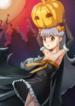  armpits blush bow cape don_michael dress elbow_gloves flat_chest gloves grey_hair hair_bow halloween jack-o'-lantern long_hair object_on_head original pumpkin solo 