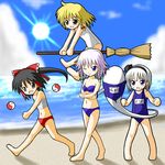  beach bikini blonde_hair day hakurei_reimu izayoi_sakuya kirisame_marisa konpaku_youmu lowres mozan multiple_girls name_tag one-piece_swimsuit one_eye_closed outdoors sarashi school_swimsuit swimsuit touhou 