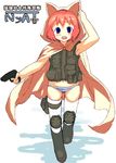  animal_ears animal_hood arumi blue_eyes cape cat_ears cat_hood copyright_request gun hood knee_pads panties pink_hair solo striped striped_panties thighhighs underwear vest weapon 