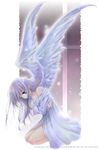  2002 angel angel_wings artist_name bare_shoulders blue_eyes bottomless cloak crossed_arms expressionless feathered_wings full_body hayase_akira kneeling lavender_hair long_hair original purple_hair solo watermark web_address wings 