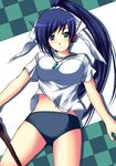  blue_eyes blue_hair buruma copyright_request gym_uniform headphones kuronezumi long_hair ponytail solo 