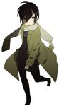  ahoge androgynous black_hair brown_eyes coat expressionless full_body hair_between_eyes kino kino_no_tabi long_coat looking_to_the_side pouch reverse_trap scarf short_hair simple_background solo standing tomboy white_background white_scarf 