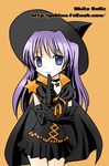  black_gloves blue_eyes cowboy_shot elbow_gloves finger_to_mouth gloves halloween halloween_costume hat hiiragi_kagami index_finger_raised long_hair looking_at_viewer lucky_star pleated_skirt purple_hair shima_yukiwa shushing simple_background skirt solo standing witch_hat yellow_background 