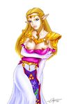  artist_request blonde_hair blue_eyes breasts crown dress elbow_gloves gloves hat highres large_breasts long_hair pointy_ears princess_zelda solo the_legend_of_zelda the_legend_of_zelda:_ocarina_of_time triforce undressing 