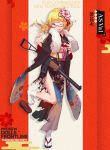  1girl alternate_costume as_val as_val_(girls_frontline) assault_rifle blonde_hair blue_eyes character_name english_text floral_print flower fur_collar girls_frontline gun hair_flower hair_ornament japanese_clothes kimono official_art one_eye_closed rifle sandals shoes_removed socks solo torn_clothes torn_kimono weapon 