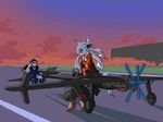  aircraft airplane blouse blue_dress blue_eyes blue_legwear brown_footwear cloud dress hairband long_hair mof mof's_silver_haired_twintailed_girl multiple_girls oekaki original plait propeller red_eyes road rozen_maiden runway scarf shadow shoes sitting street suigintou sunset tire white_hair 