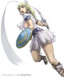  arm_guards armor armored_dress bangs belt blonde_hair breasts character_name copyright_name dress earrings face fighting_stance full_body green_eyes hair_ornament jewelry kneehighs long_hair medium_breasts open_mouth sandals shield shoulder_pads sideboob solo sophitia_alexandra soulcalibur standing standing_on_one_leg sword tea_(nakenashi) weapon white_background white_dress 