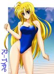  artist_request bare_shoulders beach blonde_hair breasts cleavage fate_testarossa large_breasts long_hair lyrical_nanoha mahou_shoujo_lyrical_nanoha_strikers one-piece_swimsuit red_eyes solo swimsuit very_long_hair 